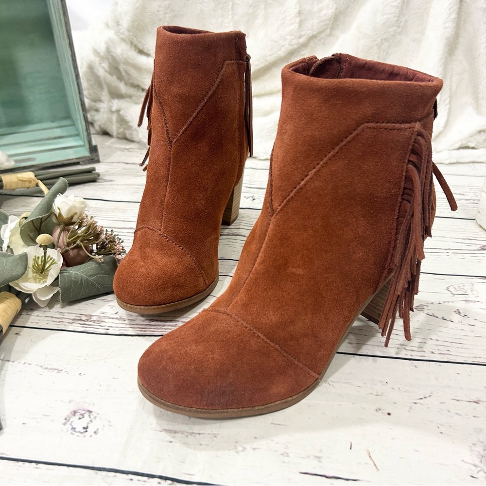 toms lunata western boho cognac fringe ankle suede booties nwt - Picture 2 of 9